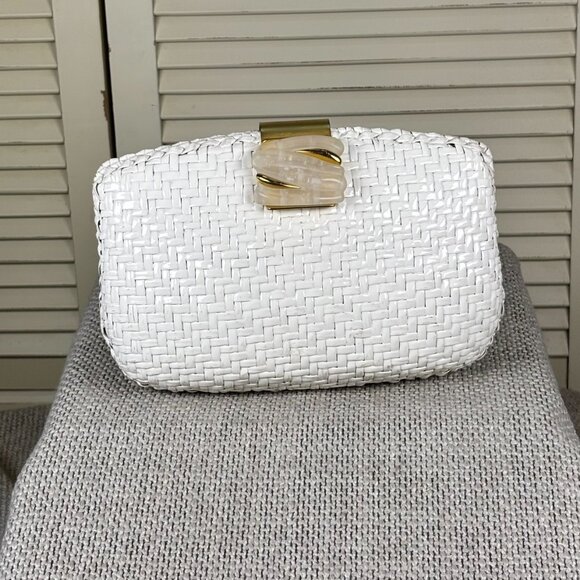 RODO Handbags - Vintage RODO Italy White Glazed Wicker Woven Evening Bag Clutch Leather Lined